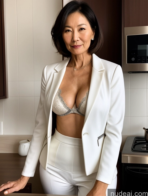 ai nude image of there is a woman in a white suit standing in a kitchen pics of Milf Two Perfect Boobs Beautiful Perfect Body 70s Bobcut Chinese Kitchen Bra Jacket Professor Stylish Suit Cleavage Dark Lighting Detailed Sexy Face