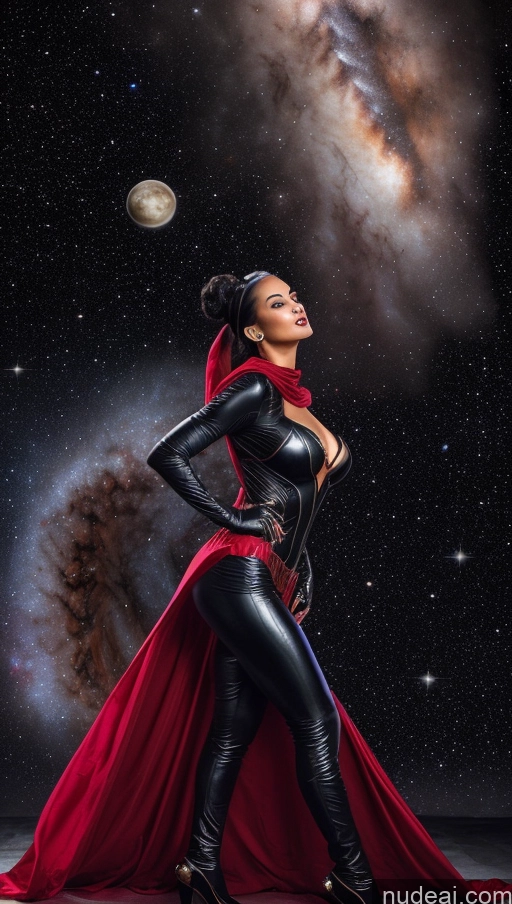 ai nude image of arafed woman in a red cape and black outfit standing in front of a galaxy pics of Miss Universe Model One Perfect Boobs Small Tits Perfect Body 30s Happy Seductive Ahegao Purple Hair Hair Bun Black Front View On Back Devil Niqab Superhero Cleavage Transparent Diamond Jewelry Sexy Face Hell Stargazing