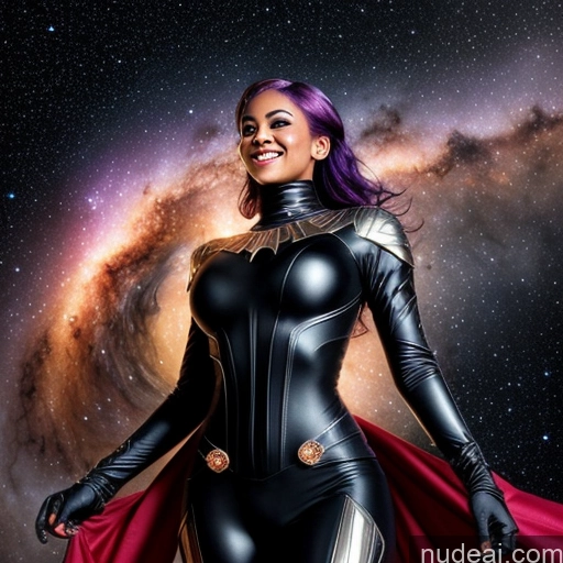 ai nude image of a close up of a woman in a black suit and cape pics of One Small Tits Perfect Body 30s Sexy Face Ahegao Happy Seductive Hell Transparent Diamond Jewelry Stargazing Perfect Boobs Devil Superhero Niqab Purple Hair Front View Hair Bun Black Spreading Legs Detailed Cyborg