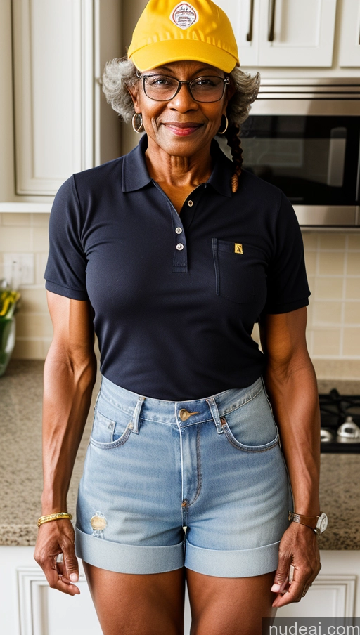 ai nude image of smiling woman in a yellow hat and blue shorts in a kitchen pics of Milf Muscular Abs Dark Skin Braided Kitchen Construction Worker Polo Jeans 80s Glasses Daisy Dukes