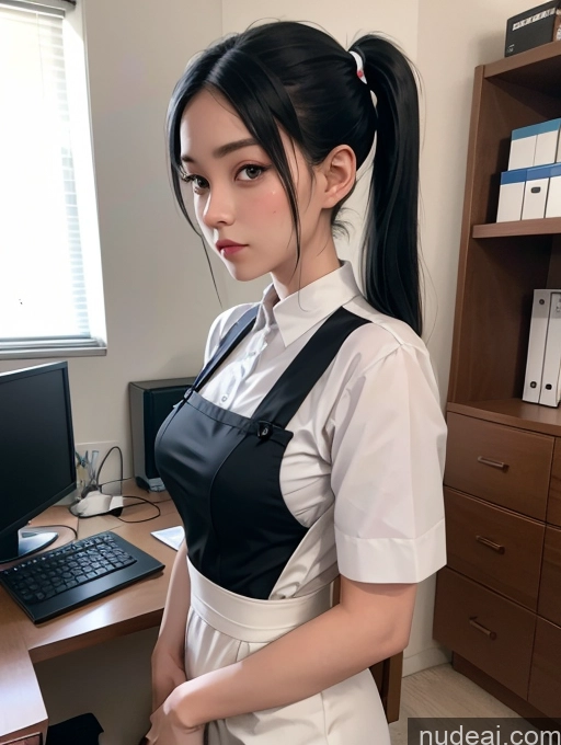 ai nude image of there is a woman in a uniform standing in front of a computer pics of Maid Asian Pigtails Black Hair Serious 20s Skinny Office