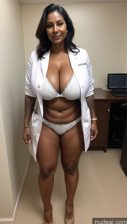 ai nude image of arafed woman in a white lab coat posing for a picture pics of Milf One Busty Huge Boobs Thick 70s Indian Front View Doctor Microkini Thong Beautiful Dark Skin Big Ass Tattoos Tall Sexy Face Lab Coat