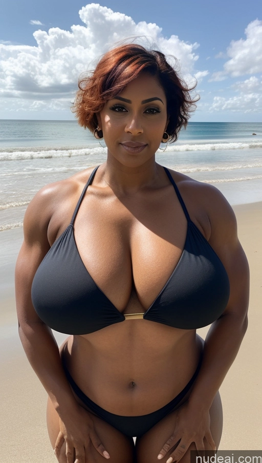 ai nude image of arafed woman in a black bikini posing on the beach pics of Huge Boobs Muscular Big Ass Thick Dark Skin Seductive Ginger Detailed Sexy Face T-pose Busty Beautiful Big Hips Tall Indian Front View Beach Pixie Bikini Dark Fantasy Blouse 40s Tattoos Bodybuilder