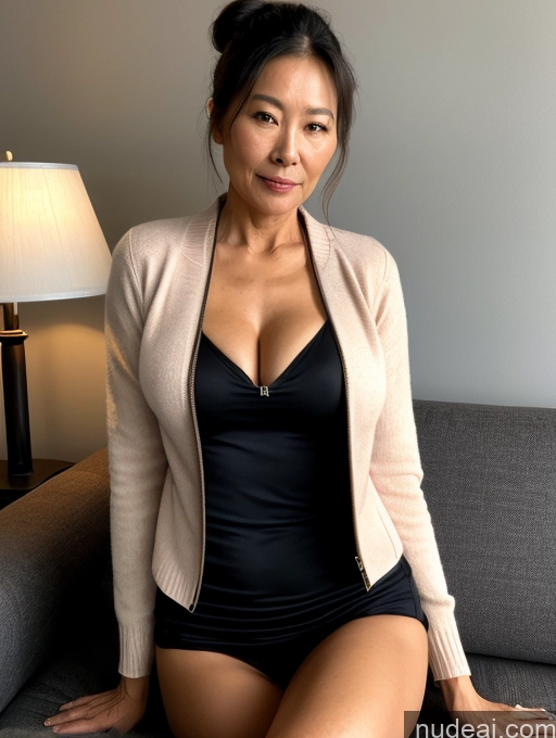 ai nude image of arafed asian woman sitting on a couch in a black dress pics of Milf Two Perfect Boobs Beautiful Perfect Body Pubic Hair 70s Seductive Chinese Nude Blouse Jacket Professor Secretary Stylish Sweater Topless Dark Lighting Detailed Sexy Face Hair Bun Couch