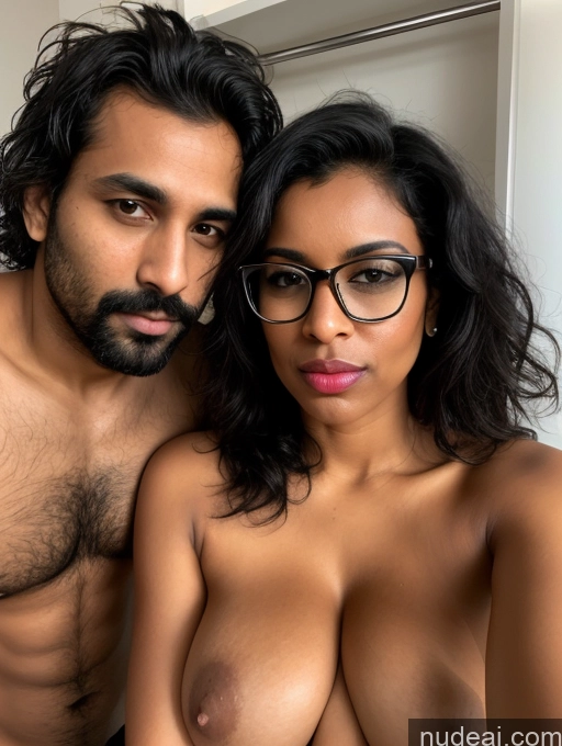 ai nude image of there is a man and woman posing for a picture together pics of Woman + Man Glasses Huge Boobs Dark Skin Pubic Hair 30s Pouting Lips Black Hair Messy Indian Blowjob Changing Room Front View