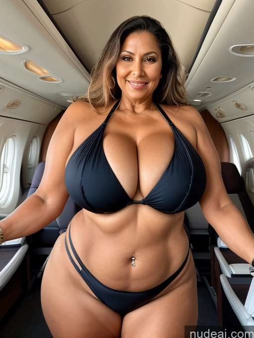 ai nude image of arafed woman in a bikini on an airplane with a smile pics of Milf One Busty Huge Boobs Thick Tanned Skin 70s Front View Microkini Thong Brazilian Flight Attendant