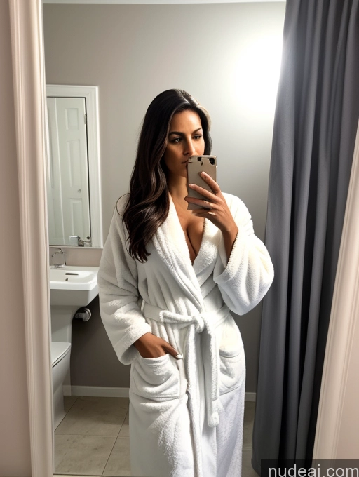 related ai porn images free for Woman One Perfect Boobs Dark Skin Big Ass 30s Serious Brunette Long Hair Brazilian Mirror Selfie Bathroom Close-up View T-pose Bathrobe Bright Lighting Detailed