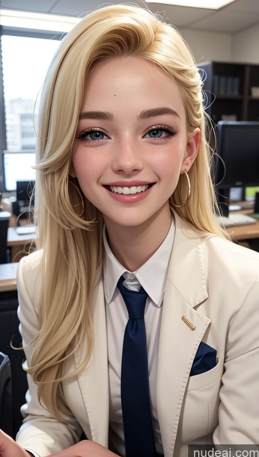 ai nude image of blonde woman in a white suit and blue tie sitting at a desk pics of 18 Happy Blonde Slicked Suit Office