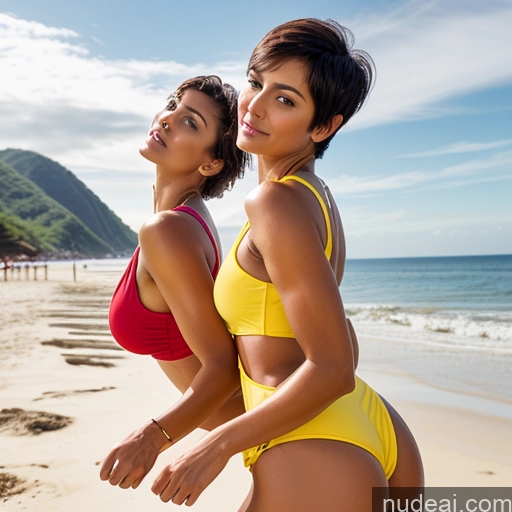 related ai porn images free for Woman Two Busty Muscular Big Hips Tanned Skin 30s Seductive Sexy Face Black Hair Short Hair Brazilian Mirror Selfie Beach Front View Jumping One Piece Swimsuit