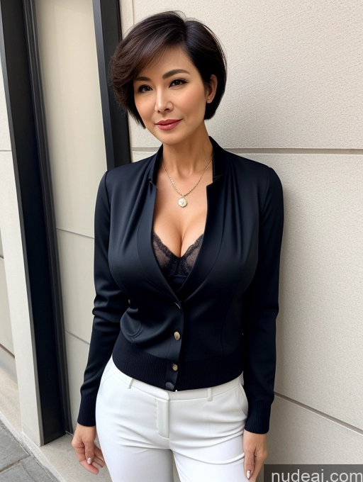 ai nude image of arafed woman in black shirt and white pants posing for a picture pics of Milf Two Perfect Boobs Perfect Body Beautiful 70s Sexy Face Seductive Short Hair Chinese Blouse Bra Casual Suit Stylish Secretary Professor Jacket Sweater Cleavage Detailed