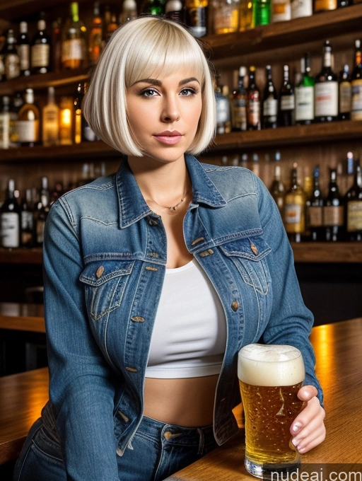 related ai porn images free for Woman Huge Boobs Big Ass 20s White Hair Short Hair White Surrealist Bar Front View Jeans Jacket Beer Bright Lighting Detailed