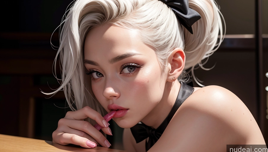 ai nude image of blond haired woman with a bow tie and a black top pics of Woman Perfect Boobs 18 White Hair Ponytail Japanese Bar Nude Bows Bow Tie Pouting Lips Skin Detail (beta) Blowjob Seductive