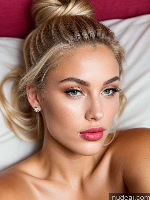 ai nude image of blond woman with a messy bun in a bed with a pink pillow pics of Miss Universe Model Perfect Boobs Beautiful Lipstick Big Ass Skinny Perfect Body Pubic Hair Tanned Skin Short 18 Sexy Face Pouting Lips Blonde Hair Bun British Front View On Back Nude Jewelry