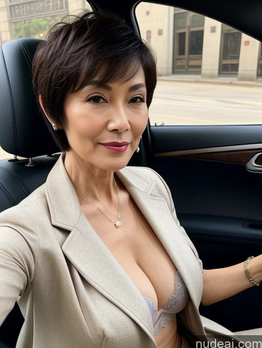 ai nude image of woman in a car with a cell phone in her hand pics of Milf Perfect Boobs Beautiful Perfect Body Short Hair 70s Chinese Car Bra Jacket Professor Stylish Suit Cleavage Detailed Sexy Face