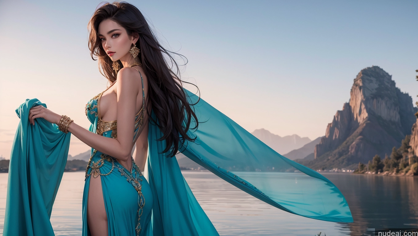 ai nude image of araffe woman in a blue dress standing near a body of water pics of Beautiful Dress One 18 Medieval Small Ass Tall Long Hair Jewelry Detailed Brunette Chinese Skinny Long Legs Perfect Body Miss Universe Model