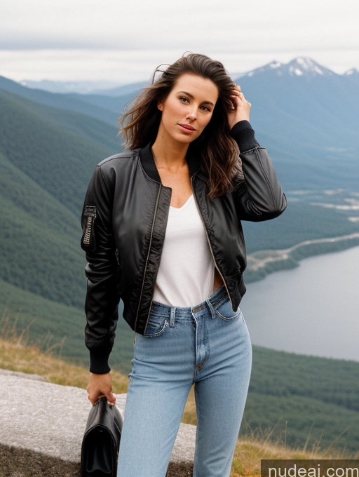 related ai porn images free for Perfect Body 30s Brunette Messy White Film Photo Mountains 80s Casual Jeans Jacket Bomber Leather Shirt Woman One