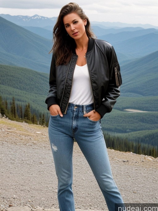 related ai porn images free for Perfect Body 30s Brunette Messy White Film Photo Mountains 80s Casual Jeans Jacket Bomber Leather Shirt Woman One