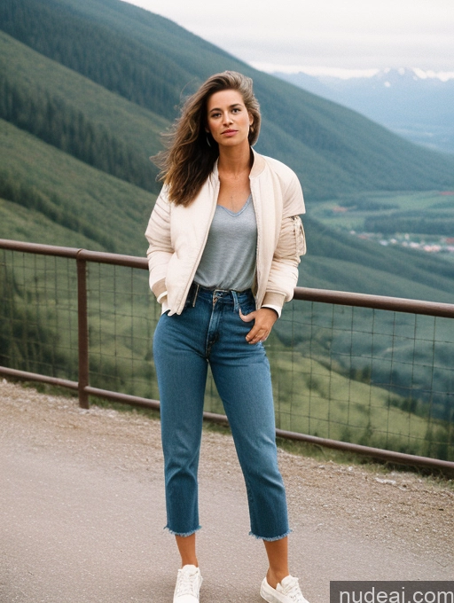 related ai porn images free for Perfect Body 30s Brunette Messy White Film Photo Mountains 80s Casual Jeans Jacket Bomber Leather Shirt Woman One