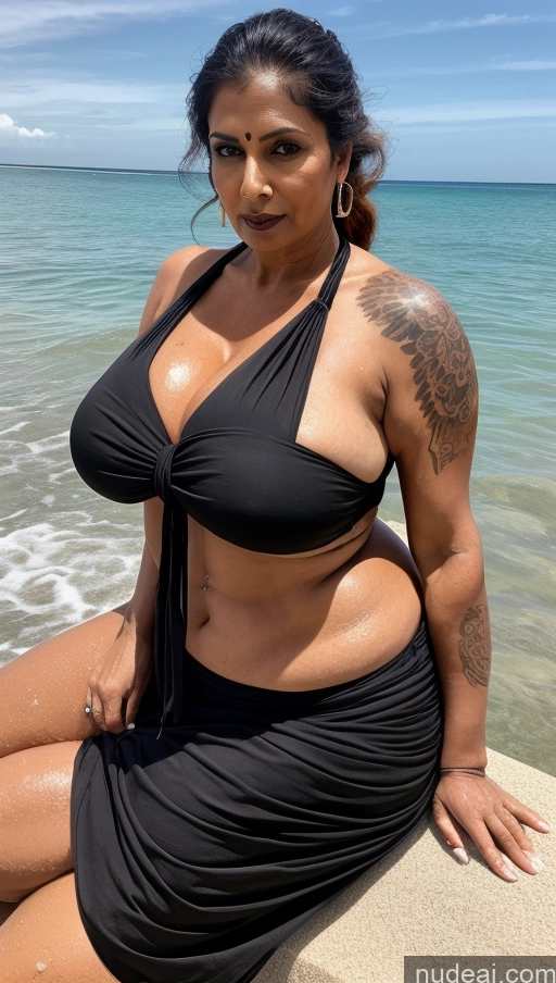 ai nude image of arafed woman in a black bikini sitting on a wall by the ocean pics of Milf Busty Huge Boobs Beautiful Tattoos Muscular Big Ass Thick Chubby Big Hips Tall Dark Skin 60s Seductive Ginger Ponytail Indian Beach Front View Bathing Blouse Goth Sari Detailed Sexy Face