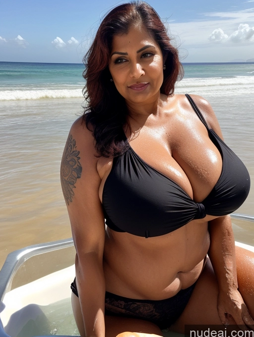 ai nude image of araffe woman in a black bikini sitting on a boat on the beach pics of Milf Busty Huge Boobs Beautiful Tattoos Muscular Big Ass Thick Big Hips Tall Dark Skin 60s Seductive Ginger Indian Beach Front View Bathing Blouse Goth Sari Detailed Sexy Face Fat