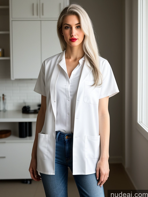 ai nude image of arafed woman in a white lab coat standing in a kitchen pics of Long Hair Front Facing Full Body Small Tits Lipstick Short Skinny Fairer Skin Woman White White Hair Jeans Shirt Lab Coat