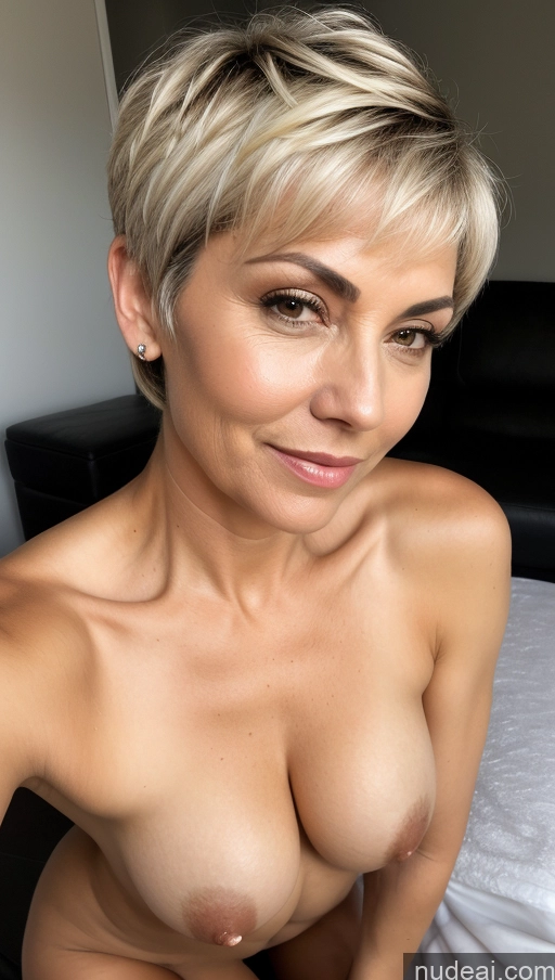 ai nude image of a close up of a woman with a very big breast posing on a bed pics of Beautiful Seductive Sexy Face Skin Detail (beta) Perfect Boobs Short Pubic Hair Milf 50s Black Hair German Massage Short Hair