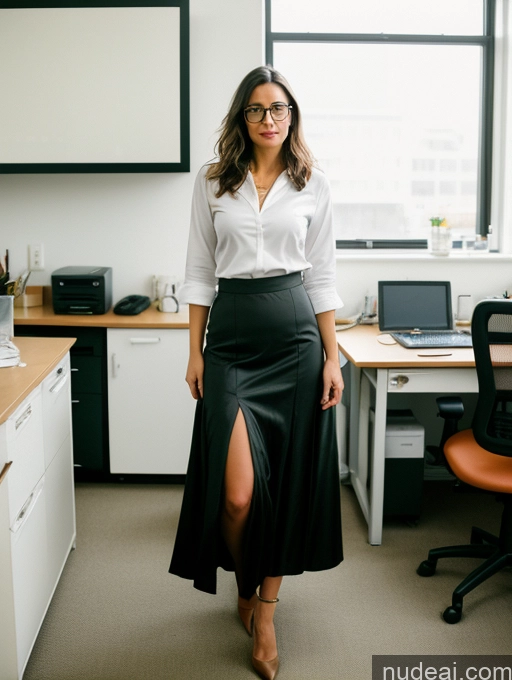 ai nude image of arafed woman in a skirt standing in an office with a desk and a chair pics of Woman One Perfect Body Beautiful Perfect Boobs Pubic Hair Glasses 30s Brunette Messy Film Photo Office Lab Coat Long Skirt Blouse German