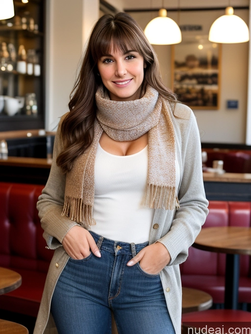 ai nude image of arafed woman in a scarf and jeans standing in a restaurant pics of Milf Busty Big Ass Thick Big Hips Long Legs Tall 18 Brunette British Diamond Jewelry Pubic Hair Hairy Women Full Frontal Sexy Face Bangs Boots Cafe Jeans Shirt Scarf