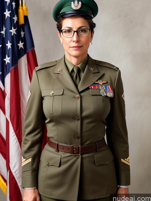 ai nude image of arafed woman in uniform standing in front of an american flag pics of Woman 50s Small Tits Busty Pubic Hair Military Glasses White