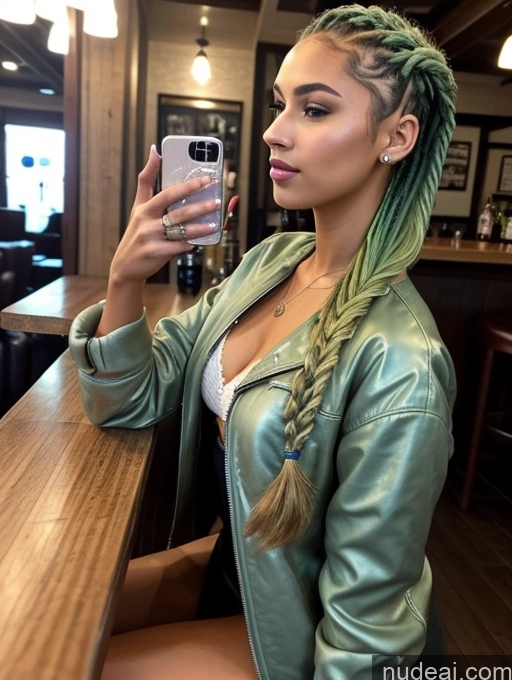 related ai porn images free for One Braided Seductive Model Skinny Beautiful 18 Green Hair Latina Bar Mirror Selfie Side View Dress Jacket