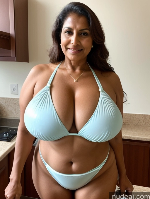 ai nude image of araffe woman in a blue bikini posing in a kitchen pics of Milf One Busty Huge Boobs Thick Tanned Skin 60s Indian Front View Maid Microkini Thong