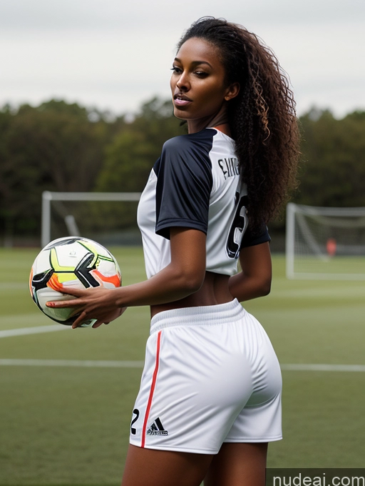 ai nude image of there is a woman holding a soccer ball on a field pics of Pubic Hair Big Ass Dark Skin 20s Woman Side View Seductive Thick Tall Soccer Curly Hair White Small Tits Skinny