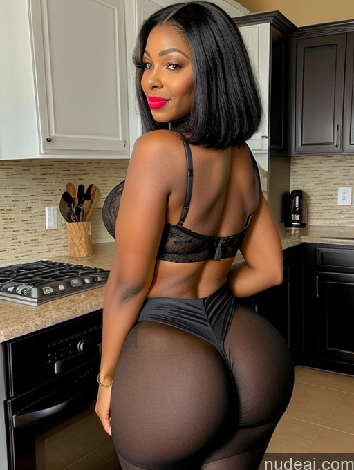 ai nude image of a close up of a woman in a black lingersuit and panties pics of Busty Beautiful Lipstick Thick Big Hips Short Pubic Hair Black Hair African Big Ass Round Ass Milf Crop Top Kitchen Pantyhose