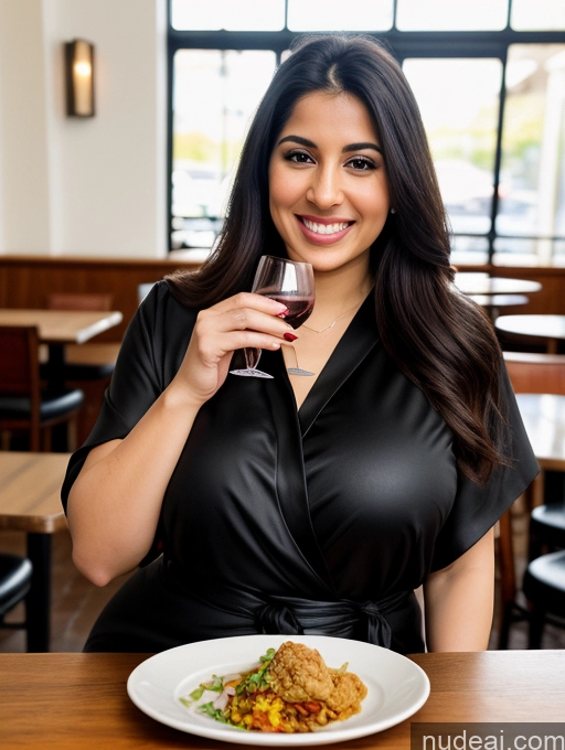 ai nude image of smiling woman holding a glass of wine in front of a plate of food pics of Woman One Huge Boobs Beautiful Big Ass Fairer Skin 20s Happy Black Hair Long Hair Indian Film Photo Cafe Front View Eating Blouse Bdsm Sari Wine Bright Lighting Detailed