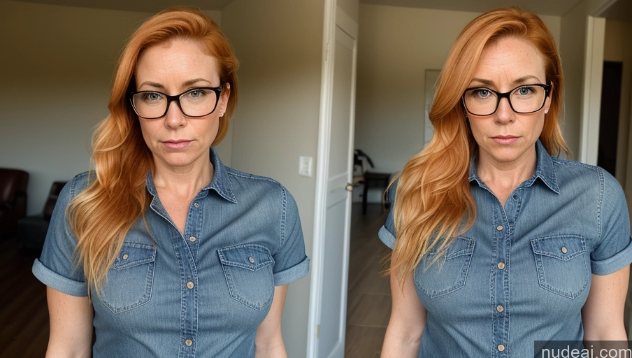 ai nude image of there is a woman with glasses and a denim shirt pics of Woman Glasses Small Tits Serious Blonde Ponytail Irish Jeans Short Big Hips One Shirt 40s Thick