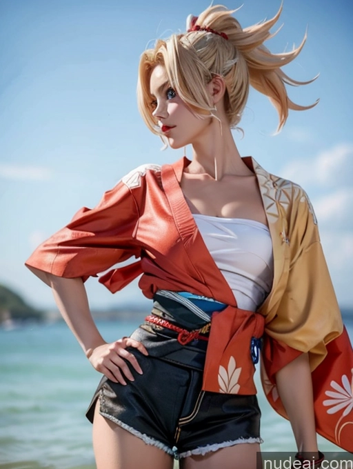 ai nude image of blond woman in a kimono jacket and shorts posing on the beach pics of Woman Abs Muscular Short Shorts Yoimiya: Genshin Impact Cosplayers Blonde Kimono