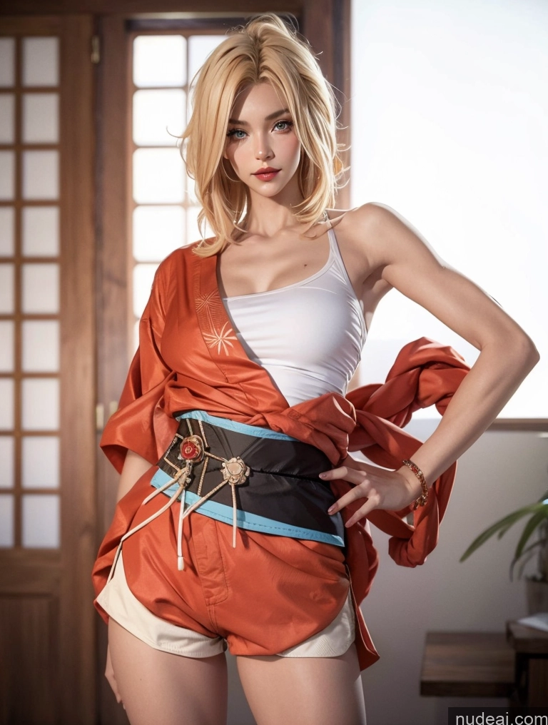 Woman Abs Muscular Short Shorts Yoimiya: Genshin Impact Cosplayers Blonde Kimono Tall Beautiful Big Hips