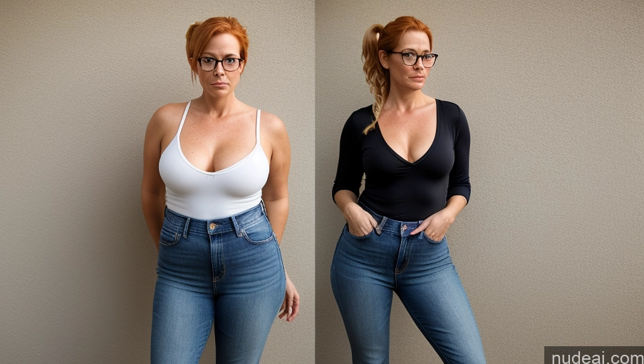 ai nude image of there are two women in jeans and a black top posing for a picture pics of Woman Glasses Small Tits Serious Blonde Ponytail Irish Jeans Short Big Hips One 40s Thick