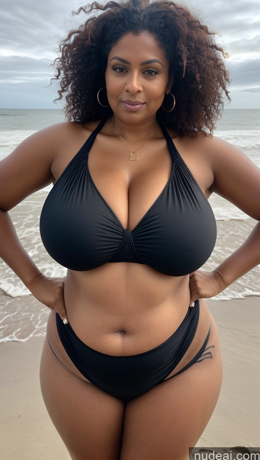 ai nude image of araffe woman in a black bikini posing on the beach pics of Milf Huge Boobs Beautiful Big Ass Thick Fat Tall Dark Skin Serious Ginger Indian T-pose Dark Lighting Sexy Face Charcoal Tattoos Close-up View 50s Bikini Long Skirt Busty Curly Hair Beach