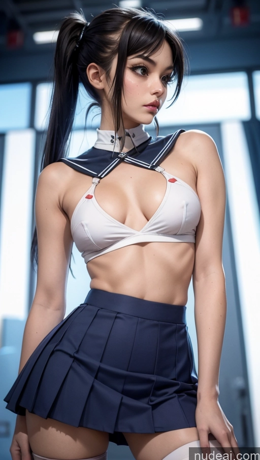 ai nude image of arafed asian woman in a skirt and top posing for a picture pics of Beautiful Perfect Body Partially Nude Skinny Pigtails Small Tits Small Ass Club School Uniform, Cleavage Cutout, Clothing Cutout, Pleated Skirt, Thighhighs Sailor Mini Skirt Holding Panties Short