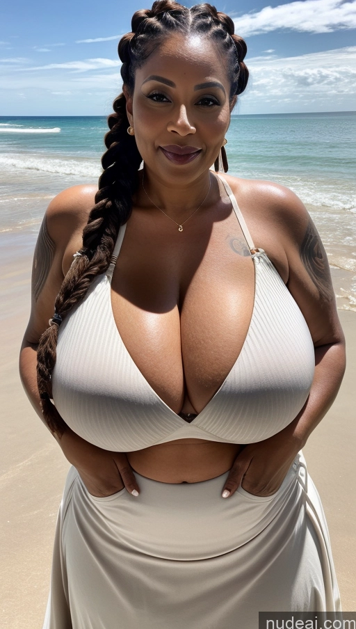 ai nude image of araffe woman in a white bikini posing on the beach pics of Milf One Busty Huge Boobs Thick Tattoos Braided Beautiful Big Ass Big Hips Indian Bra Long Skirt 50s Close-up View Dark Skin Beach Ginger