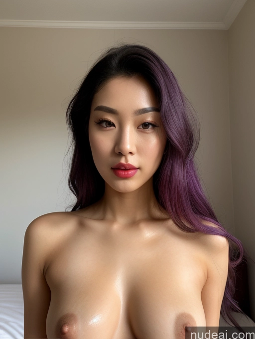 ai nude image of arafed asian woman with purple hair posing naked on a bed pics of One Lingerie Model Busty Perfect Boobs Lipstick Short Perfect Body Oiled Body 20s Pouting Lips Seductive Purple Hair Long Hair Korean Skin Detail (beta) Bedroom Close-up View Transparent Detailed