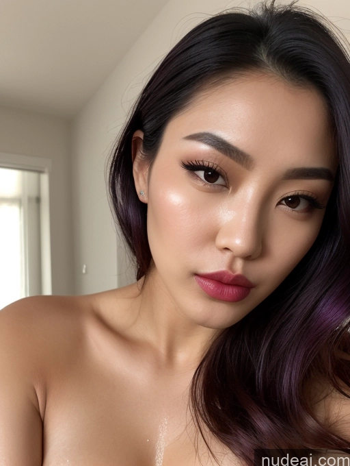 ai nude image of arafed asian woman with long dark hair and purple eyes pics of One Lingerie Model Busty Perfect Boobs Lipstick Short Perfect Body Oiled Body 20s Pouting Lips Seductive Purple Hair Long Hair Korean Skin Detail (beta) Bedroom Close-up View Transparent Detailed