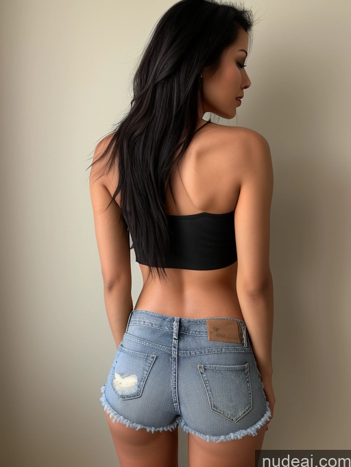 ai nude image of arafed woman in a black top and jeans shorts posing for a picture pics of 20s Black Hair Long Hair Filipina Woman Beautiful Sexy Face Skinny Small Tits Back View Small Ass Boots Daisy Dukes Crop Top Cleavage