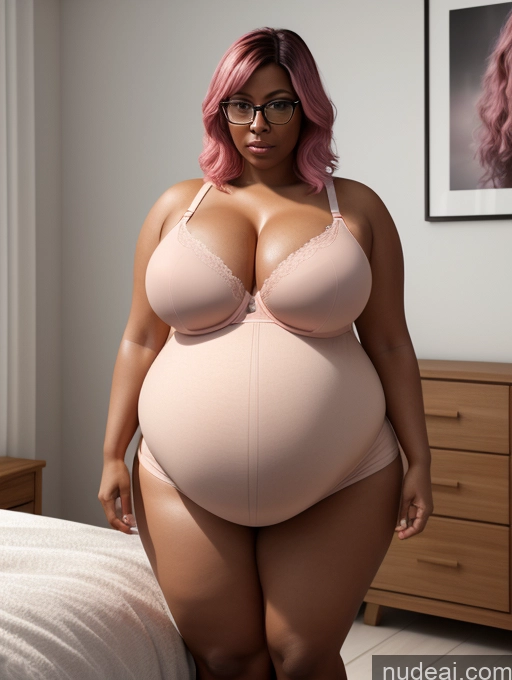 ai nude image of pregnant woman in pink lingersuit standing in front of a bed pics of Woman Beautiful Thick Short Serious Pink Hair Bangs White 3d Bedroom Push-up Bra Cleavage Bright Lighting Detailed 50s Glasses Chubby Big Hips Tanned Skin Pregnant Dark Skin Huge Boobs