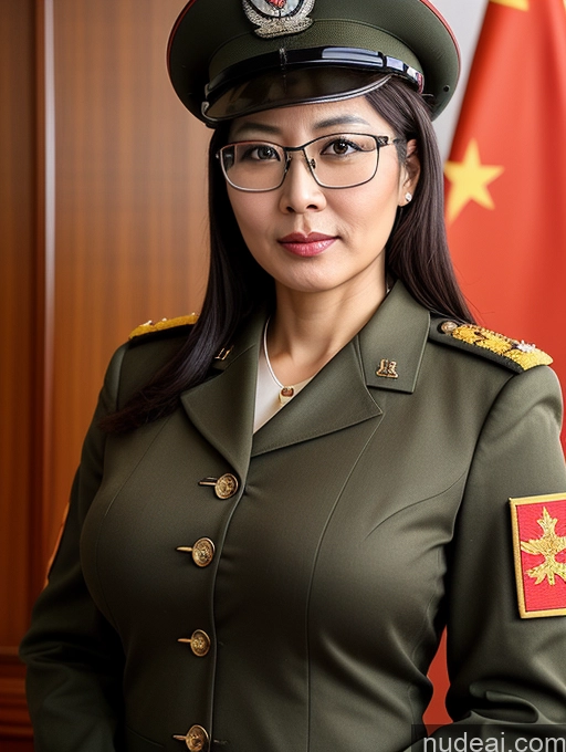 ai nude image of arafed woman in military uniform posing for a picture pics of Busty Small Tits Glasses Pubic Hair Woman 50s Chinese Military