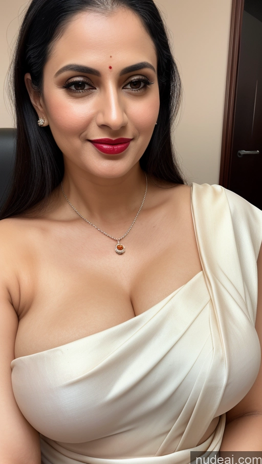 ai nude image of there is a woman in a white dress posing for a picture pics of Woman One Lipstick 40s Sari Cleavage Busty Black Hair Beautiful Perfect Boobs Close-up View Detailed Simple Indian Fairer Skin Slicked Blouse