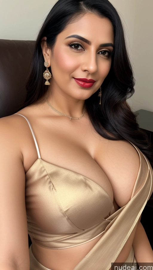 ai nude image of araffed woman in a gold dress posing for a picture pics of Woman One Lipstick 40s Sari Cleavage Busty Black Hair Beautiful Perfect Boobs Close-up View Detailed Simple Indian Fairer Skin Slicked Blouse Thick