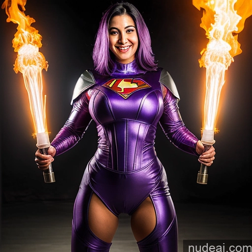 ai nude image of araffe dressed in a purple suit holding two torches pics of Muscular Perfect Body 30s Science Fiction Style Powering Up Heat Vision Dynamic View Perfect Boobs Ahegao Sexy Face Hell Laughing Middle Eastern Slicked Small Tits Abs Happy Purple Hair Sci-fi Armor Salwar Superheroine Two