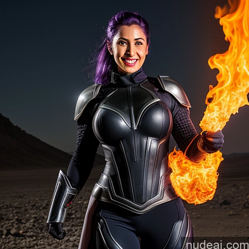 ai nude image of arafed woman in a black suit holding a fireball in a desert pics of Muscular Perfect Body 30s Science Fiction Style Powering Up Heat Vision Dynamic View Perfect Boobs Ahegao Sexy Face Hell Laughing Middle Eastern Slicked Small Tits Abs Happy Purple Hair Sci-fi Armor Salwar Superheroine Several